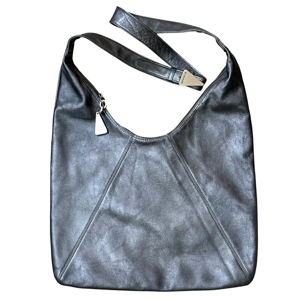 Sharif Leather Hobo Crossbody Bag Pewter Gray Metallic Slouch Shoulder Purse